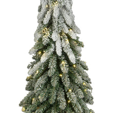 Pre-lit frosted cone topiary with warm lights, flocked white tips, burlap base.