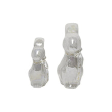 Pre-lit glass bunny décor set of 2, front view, clear iridescent glass with ribbon