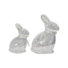 Pre-lit glass bunny decor set of 2, clear iridescent swirl finish with neck ribbon ties
