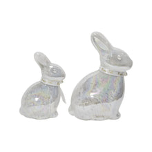 Pre-lit glass bunny décor set of 2 with rabbit ears up, iridescent glass look
