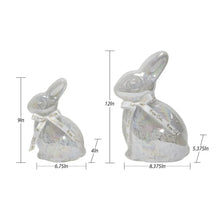 Pre-lit glass bunny décor set of 2 shown from side angles, clear iridescent finish