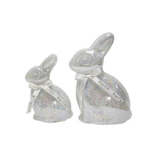 Pre-lit glass bunny decor set of 2, clear iridescent pattern with tied ribbon bows