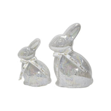 Pre-lit glass bunny décor set of 2, clear iridescent finish, tied ribbon bows