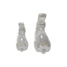 Pre-lit glass bunny decor set of 2, frosted glass with tall ears and neck ribbon ties