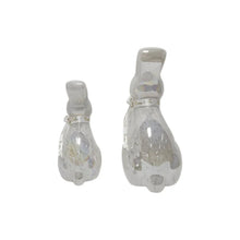 Pre-lit glass bunny décor set of 2, back view angles, clear iridescent finish