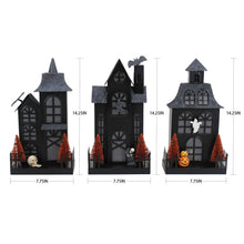 Pre-lit metal Halloween houses set of 3, dark cottages with jack-o-lantern and RIP decor