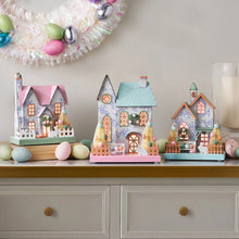 Set of 3 pre-lit paper houses with pastel roofs, arched windows, and doorways