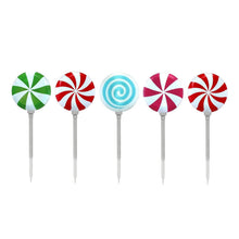 Peppermint stake lights set of 5, five lit lollipop heads with different colors
