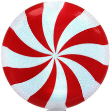 Close-up peppermint lollipop stake light head with red spiral stripes on white