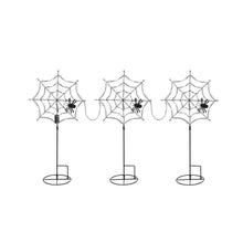 Pre-lit spiderweb lawn stakes set of 3 with white LED web lights and black spider