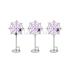 Pre-lit spiderweb lawn stakes set of 3 with purple LED web lights and black spider