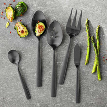 Black 5-piece serving cutlery set, satin finish spoon, fork, and serving knife