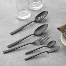 Black 5-piece serving cutlery set, satin finish spoon and fork