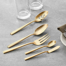 Gold 5-piece serving cutlery set, satin finish spoons and fork
