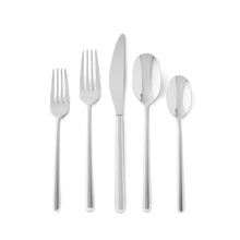 Modern stainless steel flatware set, silver forks, knives, and spoons