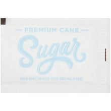 Cane sugar packet with blue "Premium Cane Sugar" label
