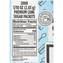 Cane sugar packet nutrition facts panel on blue-and-white wrapper