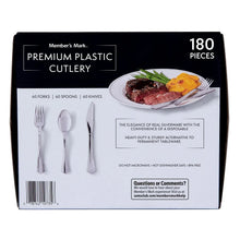 Member's Mark premium plastic cutlery box showing 180 pieces and utensil icons