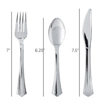 Silver-look cutlery pieces: fork, spoon, and knife with sizes shown.