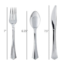 Silver-look plastic utensils set: fork, spoon, and knife with labeled sizes