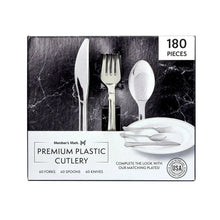 180-piece premium plastic cutlery box with fork, spoon, and knife graphics