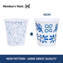 Printed paper bath cold cups, white with blue floral pattern (two views)