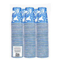 Stack of blue-and-white printed paper cold cups, 9 oz, with side label