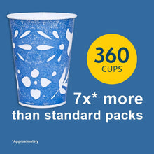 Blue 9 oz paper cold cup with white floral speckle pattern, stack-ready pack
