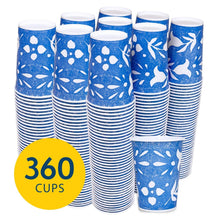 Assorted stacks of blue-and-white printed paper cold cups for cold drinks