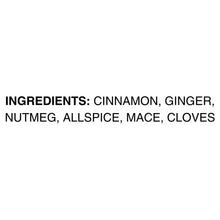 Ingredients text listing cinnamon, ginger, nutmeg, allspice, mace, cloves.