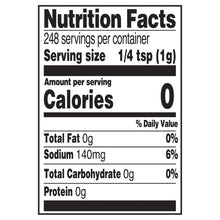 Nutrition Facts label on seasoning blend jar with serving size and calories.