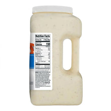 Ranch dressing nutrition facts on back of 1-gallon bottle with handle cutout