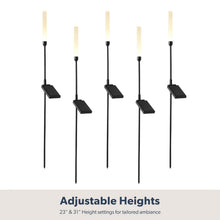 Five black LED solar accent lights with adjustable-length spike stakes and square heads