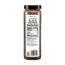 Back label on coarse black pepper bottle with nutrition facts and barcode