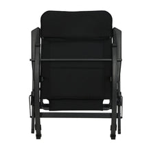 Rocking chair with black padded backrest and seat, dark frame with armrests and rockers