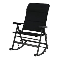 Rocking chair with black padded seat and backrest, dark metal frame and side armrests