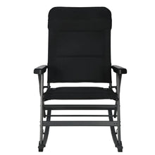 Rocking chair with black padded seat cushion and backrest, dark metal rocking base