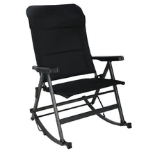 Rocking chair with black padded seat and backrest, dark metal frame and armrests