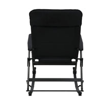 Rocking chair with black padded backrest and seat cushion, dark metal frame and rockers
