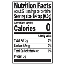 Nutrition Facts closeup: calories 0, sodium 65 mg, serving size 1/4 tsp (0.89 g)