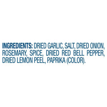 Ingredients list panel with dried garlic, salt, dried onion, rosemary, spice, paprika