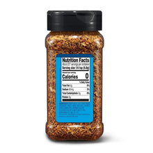 Seasoning jar with Nutrition Facts label on back, dark glass and black lid