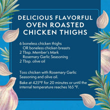 Recipe card text for oven roasted chicken thighs, mentions rosemary garlic seasoning