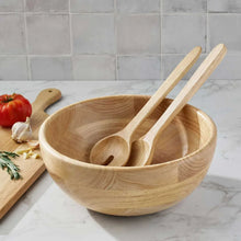 Rubber wood salad bowl with two wooden servers, spoon and fork style