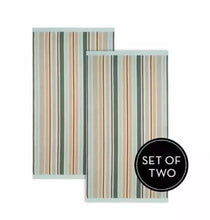 Set of two striped beach towels, folded, vertical beige, green, and blue stripes