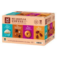 Seasonal coffee variety pack box, four-flavor panels and 60 single-serve cups