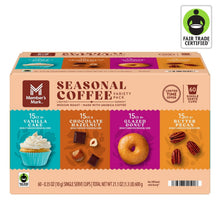 Seasonal coffee variety pack box with four pod flavors and 60 single-serve cups