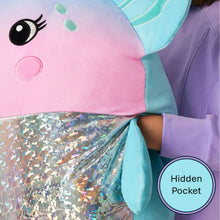 Squishy plush animal with iridescent sequin belly and hidden pocket opening on side.