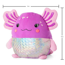 Squishy plush animal with purple face, pink ear fins, and sparkly iridescent belly.