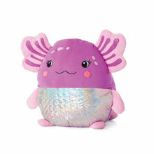 Squishy plush animal with purple face, pink fins, and sparkly iridescent belly.